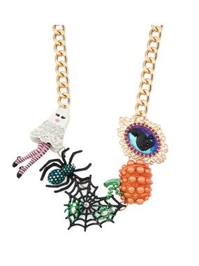 Festive Halloween Charm Necklace in Gold with Orange Pumpkin & Black Spider